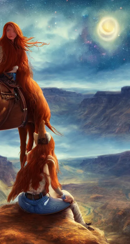 Prompt: a young cowgirl sitting on top of her horse, overlooking a canyon, red hair and blue eyes, stars and galaxies visible in the nightsky, sad and introspective, highly detailed, artstation, stunning, 8 k