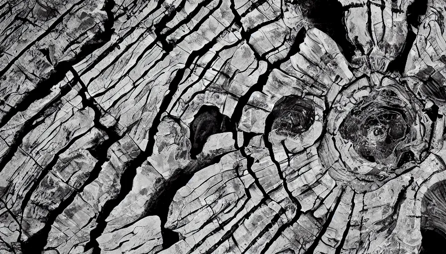 Prompt: petrified forest national park arizona in the style of bernie wrightson geode aesthetic abstract horror black and white