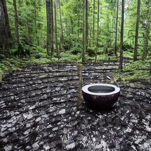 Image similar to pristine porcelain bath filled with bubbles in a clearcut rainforest, slash and burn, cleared forest, deforestation, tree stumps, smouldering charred timber