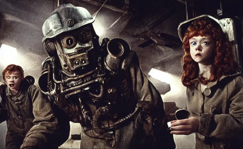 Image similar to a machine monster chases sadie sink dressed as a miner : a still from a scifi soviet cyberpunk film from 1 9 8 0 s. by steven spielberg and james cameron. 6 5 mm low grain film stock. sharp focus, realistic facial expression, perfect anatomy, cinematic atmosphere, detailed and intricate environment, trending on artstation