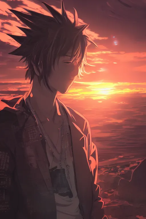 Prompt: beautiful anime man, detailed face, cyberpunk environment, sunset, very accurate and detailed, 8k