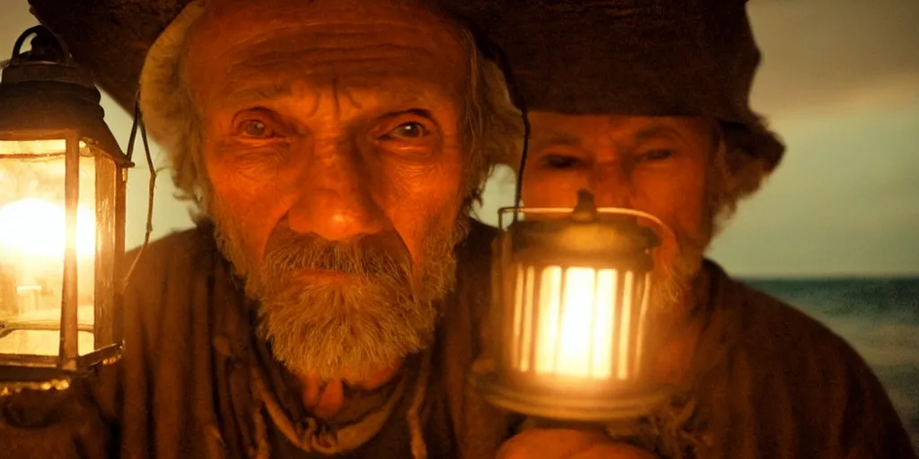 Image similar to film still of closeup old man holding up lantern by his beach hut at night. pirate ship in the ocean by emmanuel lubezki