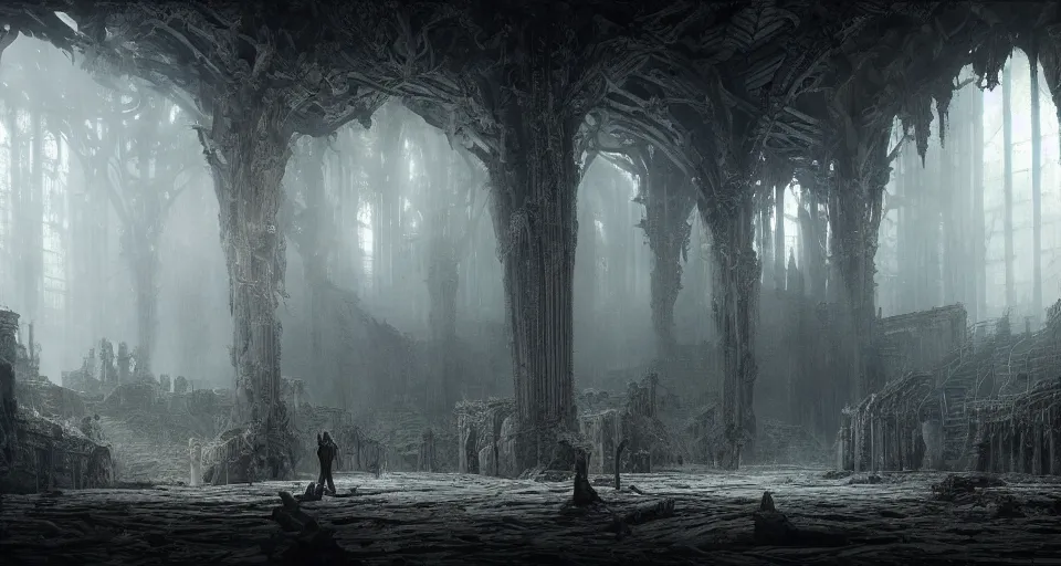 Image similar to king of the wolves - fantasy, inside the king's hall wolves and their treasures, ethereal, ominous, misty, 8 k, by h. r. giger and greg rutkowski, the last guardian by fumito ueda - elden ring