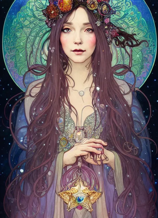 Image similar to fantastic portrait of a beautiftul witch with some shinny star, cloak, royally decorated crystal gemstones, symmetrical face, art nouveau, portrait, cute, fairy, by mai yoneyama, kelly mckernan, greg rutkowski, alphonse mucha, detailed background, artstation, intricate, elegant, highly detailed, colorful, maximalist