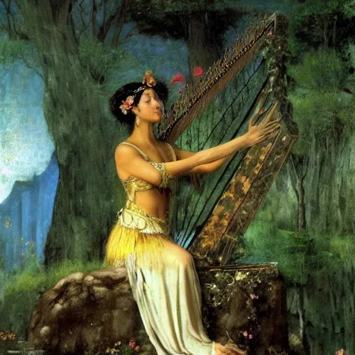 Prompt: A Latin sorceress playing the harp in an enchanted Zen garden, by Arnold Böcklin and Tang Sin Yun, breathtaking digital 2d cover art