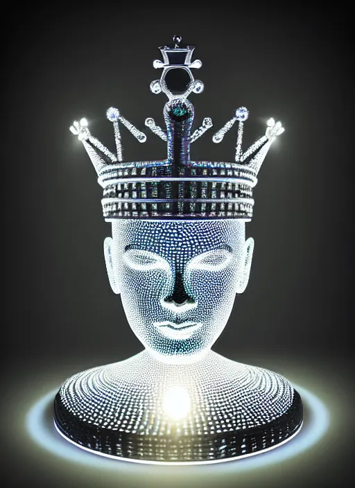 Image similar to queen chess piece photo, crown made of led point lights, pearlescent skin, skin made of led point lights, very detailed, highly detailed background, reflective chessboard, photorealism, sharp focus, photorealism, soft diffuse autumn lights, some sunlight ray, dark room wall, canon 5 d 5 0 mm lens