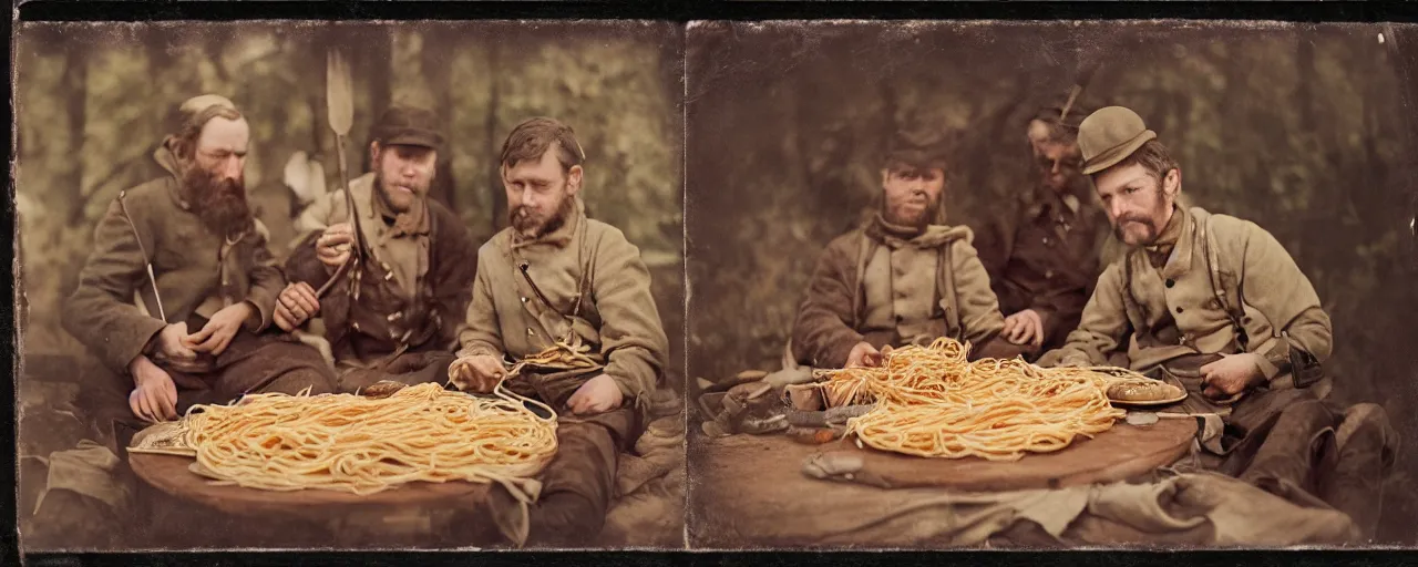 Image similar to eating spaghetti on the battlefield, american civil war, tintype sigma 5 0 mm, cinematic lighting, photography, wes anderson, kodachrome