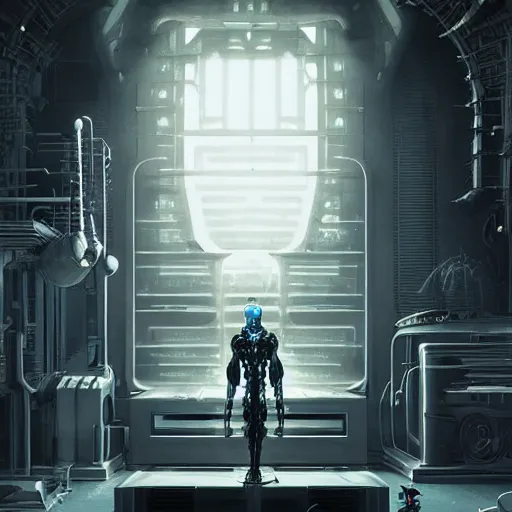 Image similar to ultradetailed illustration of a biomechanic evil cyborg posing in front of a futuristic mechanic lab, by greg rutkowski and Zdzisław Beksiński., photorealistic, 8k, intricate, futuristic, dramatic light, trending on cg society