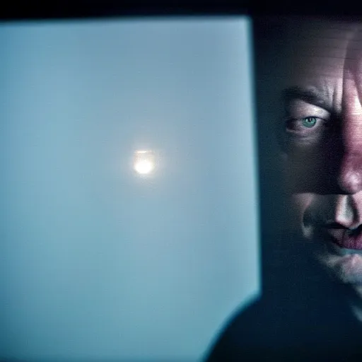 Image similar to dark photo of dark blue rainy bedroom window at night, dimly lit creepy ( ( ( ( ( contorted distorted ) ) ) ) ) face of elon musk staring in through the window, horror, scary face, demonic face,