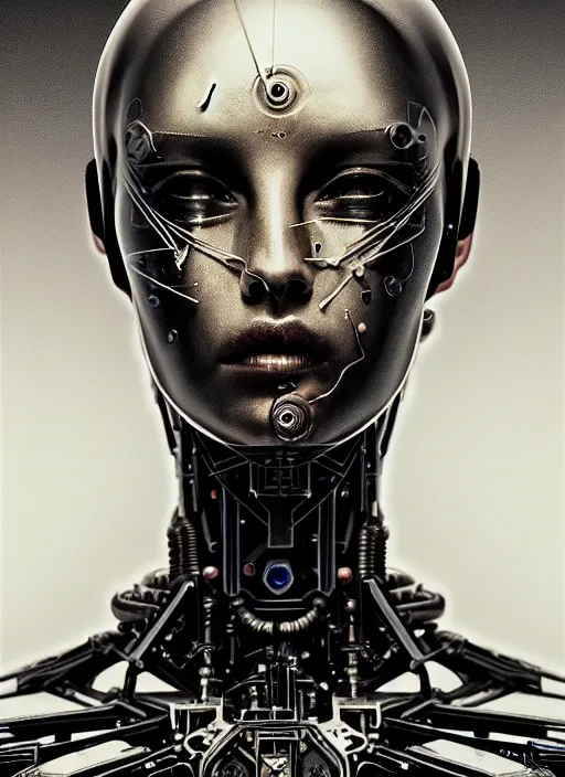 Image similar to a young beautiful female cyborg profile face, by h. r. giger, by ismail inceoglu, by kiki smith, glamor shot, vintage, closeup, f / 2. 8, low contrast, 1 6 k, rim lighting, cinematic lighting, insanely detailed and intricate, hypermaximalist, elegant, ornate, hyper realistic, super detailed