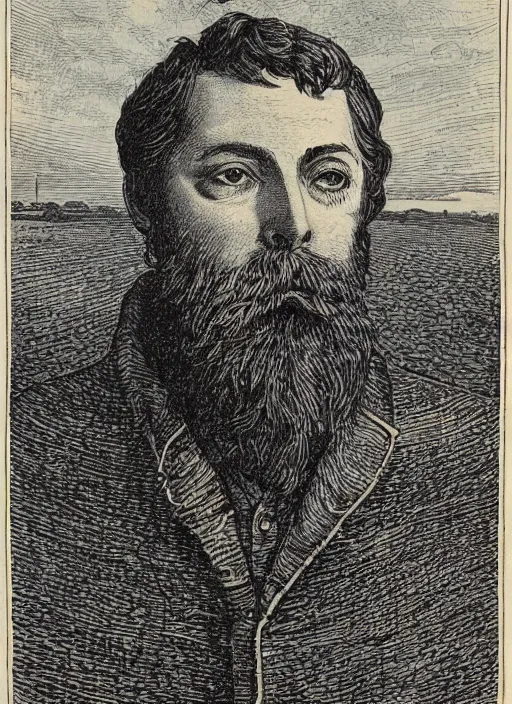 Prompt: 19th century wood-engraving of a man stand in front of a field looking confused, whole page illustration from Jules Verne book, art by Édouard Riou Jules Férat and Henri de Montaut, frontal portrait, high quality, beautiful, highly detailed, removed watermarks