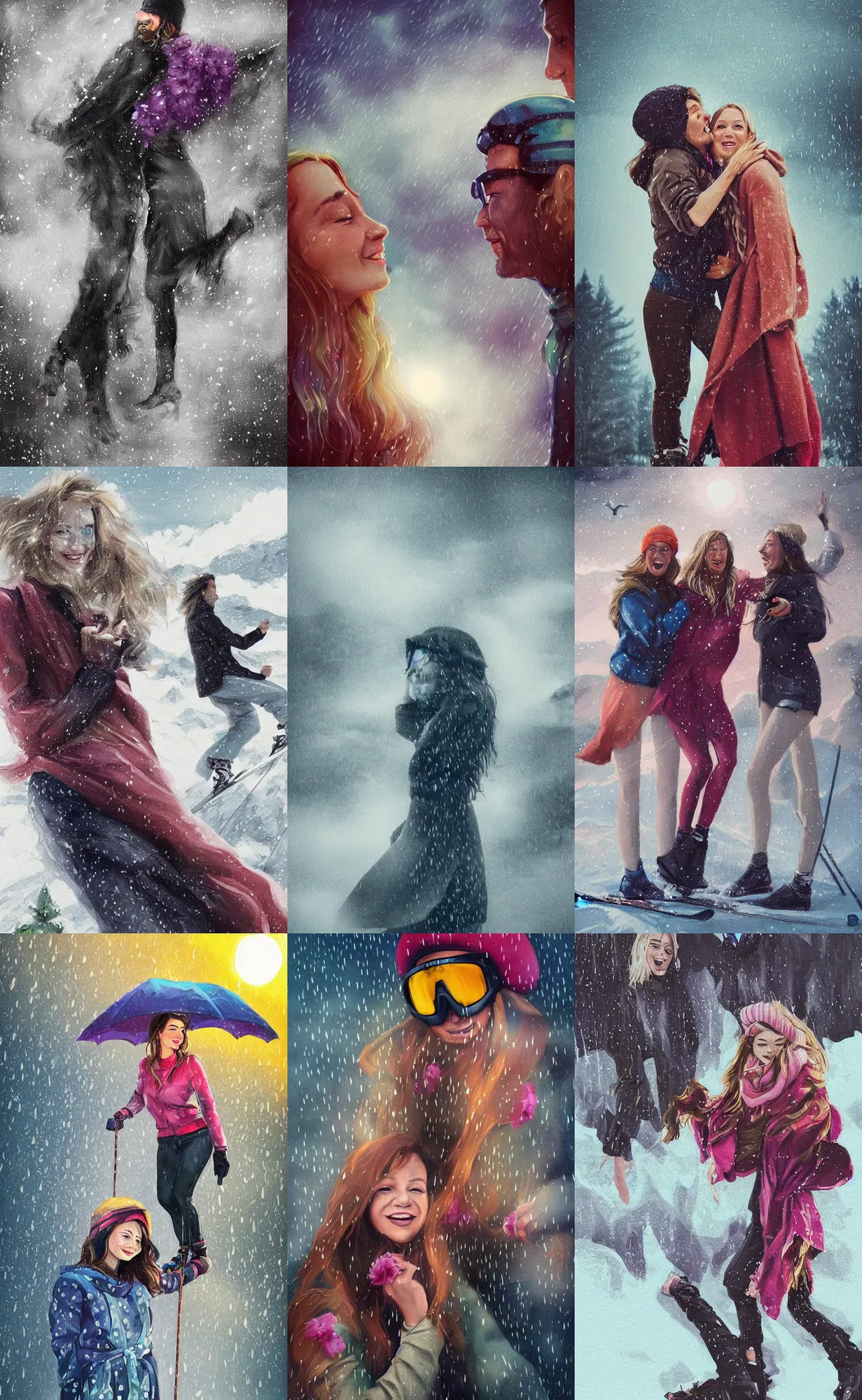 Prompt: portrait of a cinematic joyous closeup moment of friends enjoying life in a ski cafe and visiting wearing boho clothing peonies, full body illustration,bestselling movie poster, official media elegant decollete, sculpture, fog and rain, dynamic pose, standing silhouette against the sun, thunder clouds in the sky, nature, illustration, intimidating lighting, incredible art by artgerm and greg rutkowski and kerembeyt and simon stalenhag