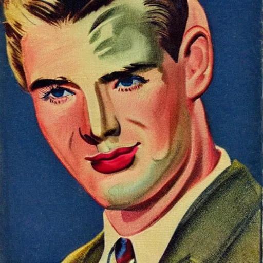 Prompt: Chris Evans portrait, color vintage magazine illustration 1950