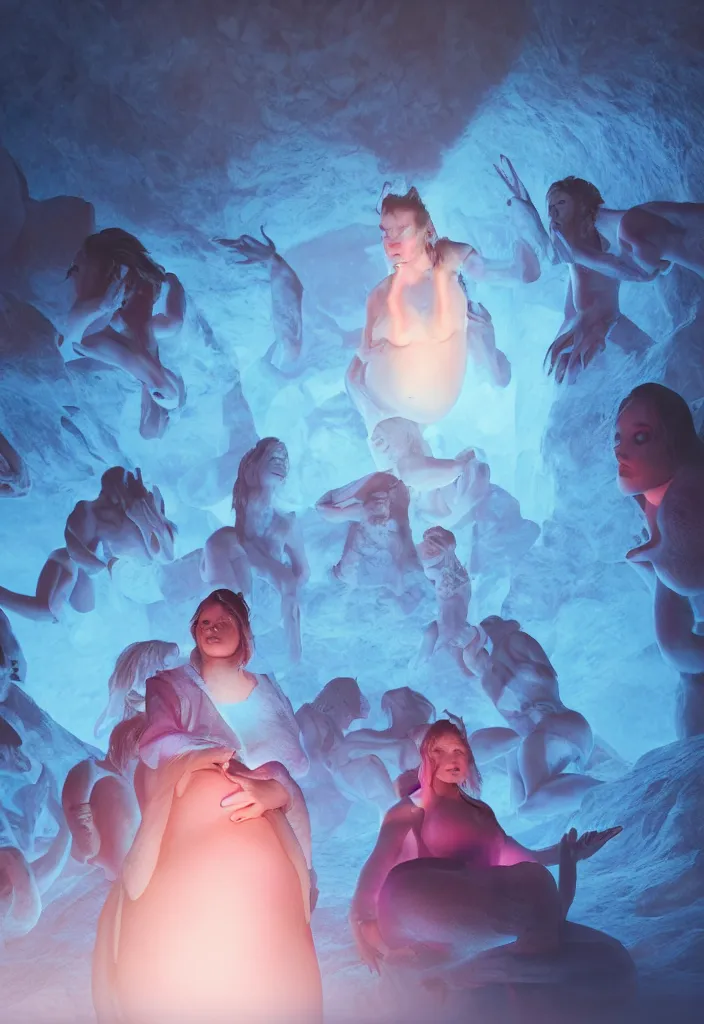 Prompt: epic leader pregnant woman talking to all her tribe with fluorescence bodies, proud people looking at the pregnant woman, ice cave, facinating, fantasy digital art, octane render, beautiful composition, trending on artstation, coherent, masterpiece, photorealistic