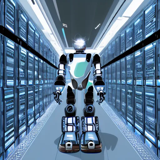 Prompt: a digital art of robot power armor in server room in style of space odyssey character design, robot in data center, trending on artstation, 8 k, ultra wide angle, zenith view, pincushion lens effect