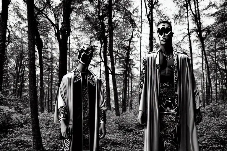 Image similar to versace avant garde male toga intricate textiles streetwear cyberpunk posing in the woods trees cloudy overcast dark late evening dramatic 3 5 mm professional color