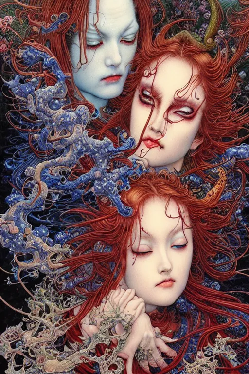 Prompt: realistic detailed image of attractive beautiful angels passionately kissing and hugging in heaven, imps and demons lurking in the shadows by Ayami Kojima, Amano, Karol Bak, Greg Hildebrandt, Takato Yamamoto and Mark Brooks, Neo-Gothic, gothic, rich deep colors. art by Takato Yamamoto. masterpiece. Beksinski painting. still screenshot from 2021 movie by Terrence Malick and Gaspar Noe