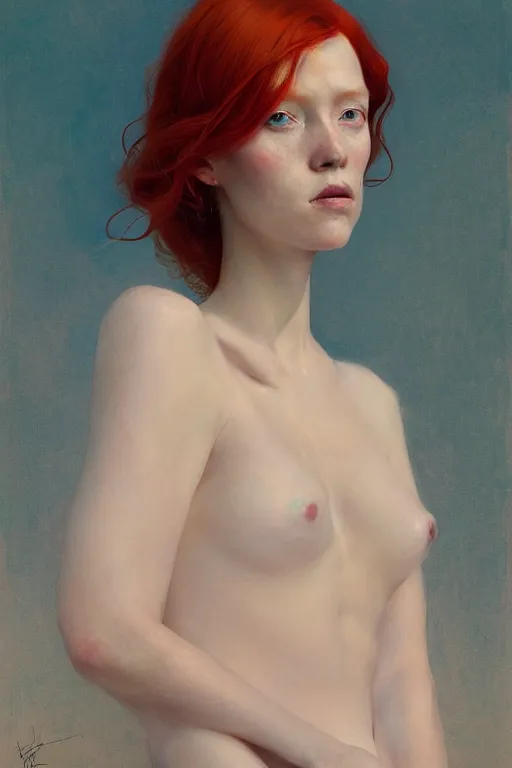 Image similar to of beautiful redhead female, beauty portrait by greg rutkowski, hilma af klint, moebius, victo ngai, sharp focus, global illumination, highly detailed, masterpiece, award winning, post processing