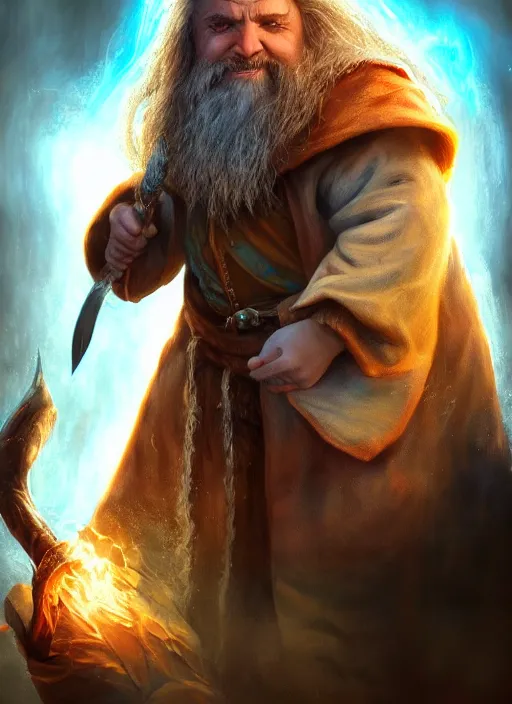 Image similar to a highly detailed airbrush painting of a mage hobbit, trending on artstation, unreal 5, daz, hyperrealistic, octane render, dungeons and dragons, dynamic lighting