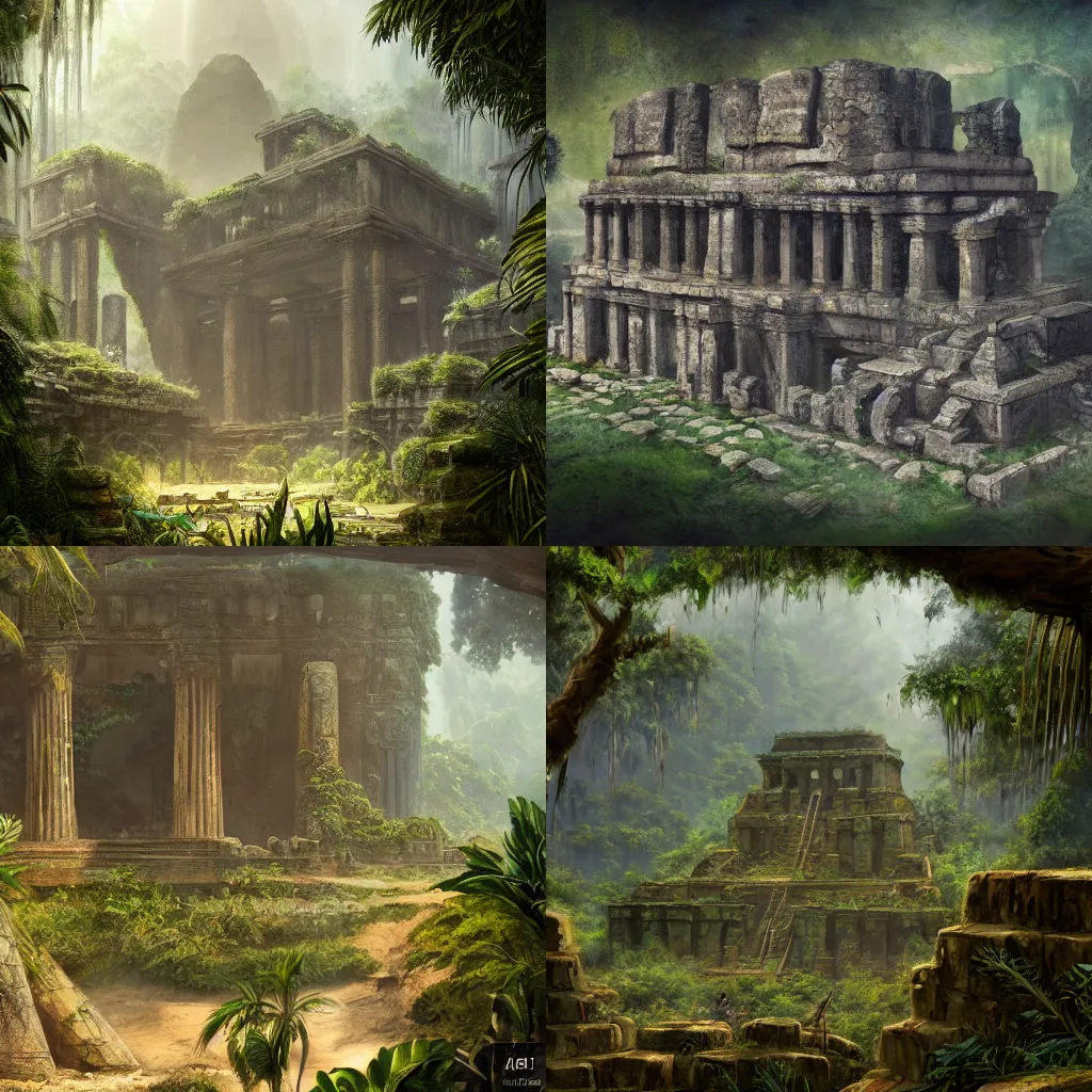 Prompt: Trending on artstation, ancient jungle ruins, containing treasure inside, detailed matte painting, oil on canvas