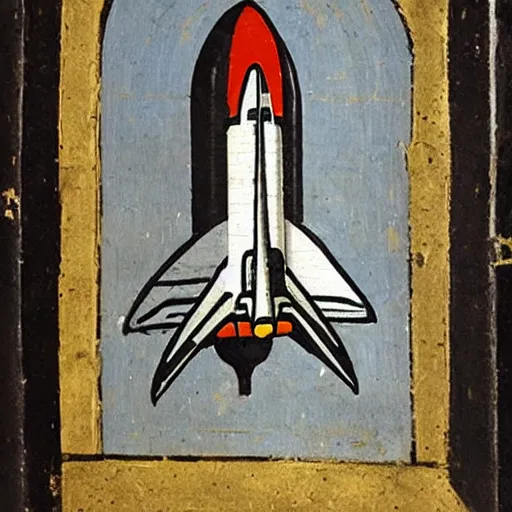 Prompt: A space shuttle, medieval painting