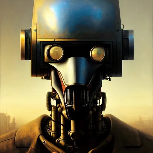 Image similar to a expressive portrait of masked diesel punk robot in dramatic lighting, depth of field background, artstation, award - winning realistic sci - fi concept art by jim burns and greg rutkowski, beksinski, a realism masterpiece, expressive color palette, james gilleard, bruegel, alphonse mucha, and yoshitaka amano