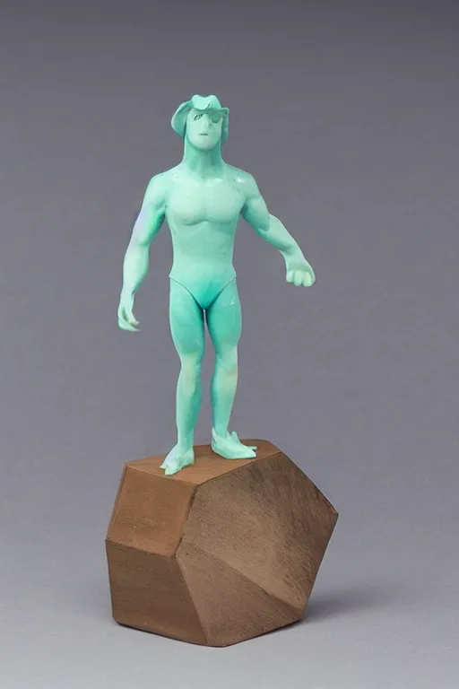 Prompt: a plastic figurine of a dolphin man on a hexagon base, highly detailed