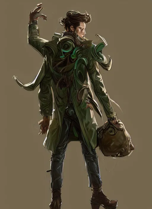 Image similar to a highly detailed illustration of thick wavy brown haired young white guy wearing brown detective trench coat and wearing dark green mask, with many long mechanical arms on his back, dramatic standing pose, intricate, elegant, highly detailed, centered, digital painting, artstation, concept art, smooth, sharp focus, league of legends concept art, WLOP