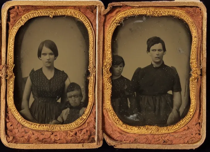 Prompt: weird family photo, portrait, ambrotype, highly detailed