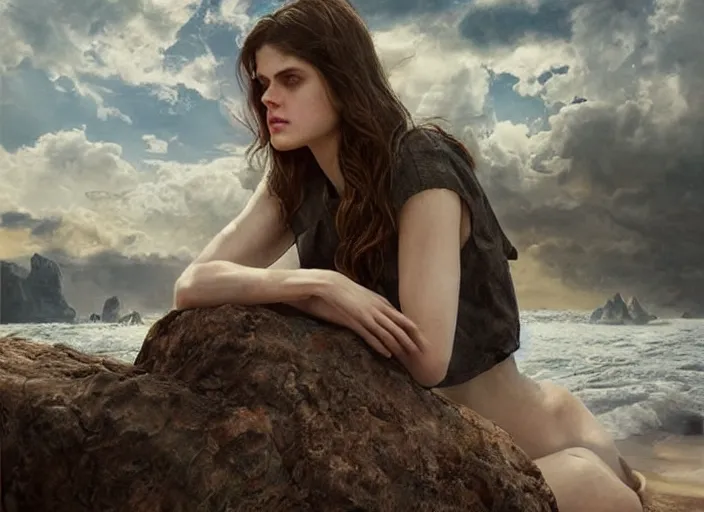Image similar to alexandra daddario the real god, watching the earth. epic cinematic hyperrealism masterpiece. realistic poster with shaded lighting by craig mallismo, artgerm, jeremy lipkin and michael garmash, unreal engine, radiant light, detailed and complex environment, octane photoreal 3 d render, art station trends