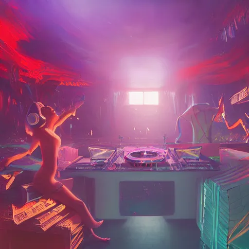 Image similar to highly detailed surreal vfx, 3 d matte render, vr goggles, mannequins, dj rave party, stephen bliss, unreal engine, greg rutkowski, loish, rhads, beeple, makoto shinkai and lois van baarle, ilya kuvshinov, rossdraws, tom bagshaw, global illumination, detailed and intricate environment