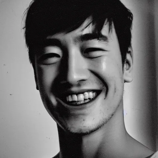 Image similar to very old photo of joji grinning at the camera with his head being slightly tilted to the right, lots of grain, red reflection in eyes, dark pitch black background, in te style of the album ballads 1.