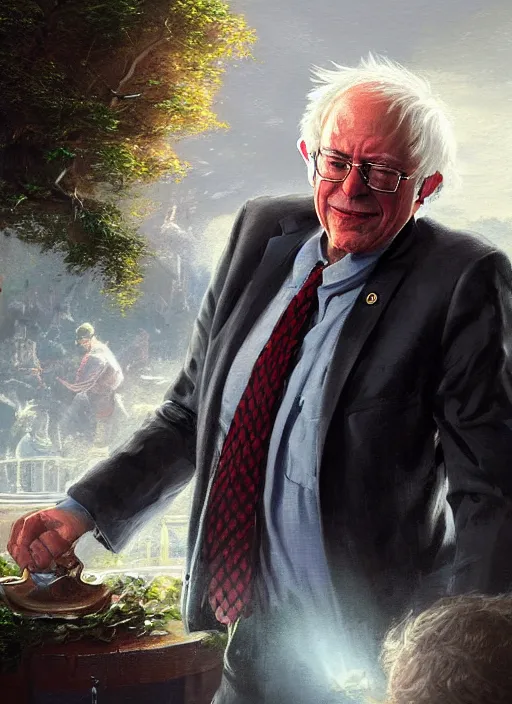 Prompt: Portrait of Bernie Sanders knocking out Billionaires, digital art, greg rutkowski and thomas kinkade, detailed, high quality, 8k, illustration