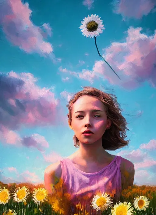 Image similar to girl face made of giant daisies, standing in a flower field, holding flowers, surreal photography, sunset dramatic light, impressionist painting, colorful clouds, large sky, digital painting, artstation, simon stalenhag