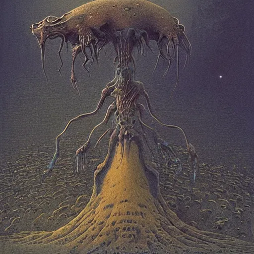 Image similar to beautiful little creature, alien bestiary by Beksinski and Studio Ghibli