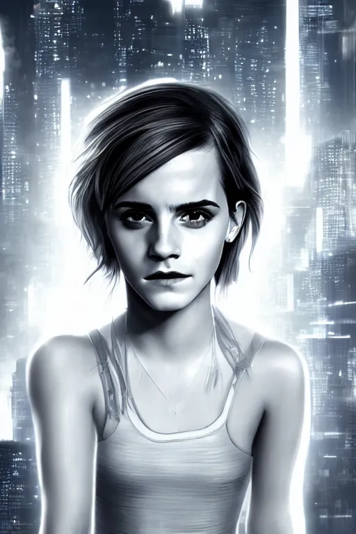 Image similar to Emma Watson, head and shoulders portrait, the background is a huge futuristic city, cyberpunk style futuristic neon lights, artstation cgsociety masterpiece highly-detailed