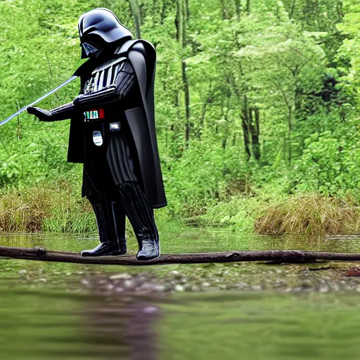 Image similar to Darth Vader fishing while standing in a creek in a forest