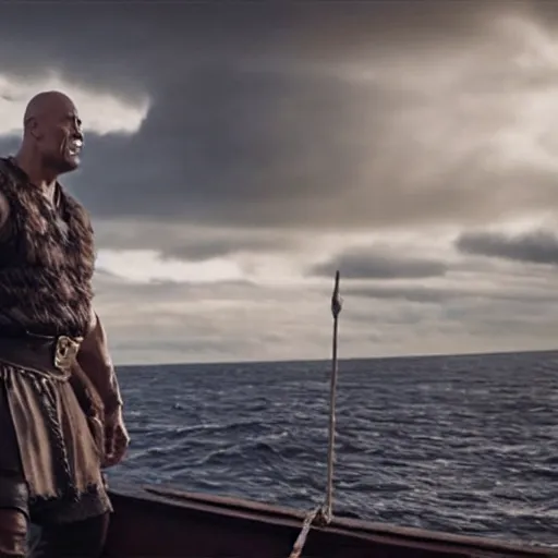 Image similar to dwayne johnson in vikings on a boat 4 k quality super realistic