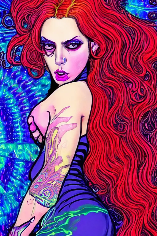 Image similar to a psychedelic detailed gorgeous acid trip painting of an extremely attractive superhero female character wearing a tight-fitting tan detective jacket, detective had on her head, beautiful [[[long red hair]]] in loose curls, slender woman, very curvy, noir, smoking a fancy long french cigarette, in the rain in the early evening, cinematic, dramatic lighting, full body view, cool pose, artwork by Artgerm, Rutkowski, Dale Keown and Van Sciver, featured on artstation, cgsociety, behance hd