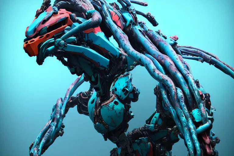 Image similar to portrait of a posed hyper detailed cyan bristleback evangelion realistic mechanical and fleshy organic creature similar look as horizon forbidden west horizon zero dawn, bioluminiscence in a dark deep forest at dawn in spring, with reflection and textures, by kilian eng, substance painter reaslitic mech surface metal painted scratches, horizon forbidden west world