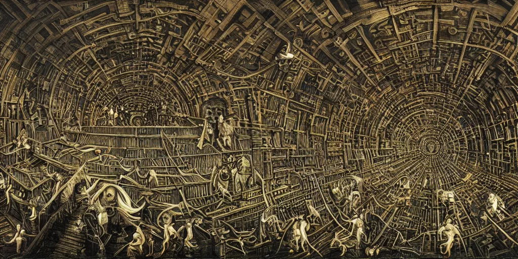 Prompt: labyrinth megastructure in the style of heironymus bosch, dark intricate masterpiece, hyper detailed, hd