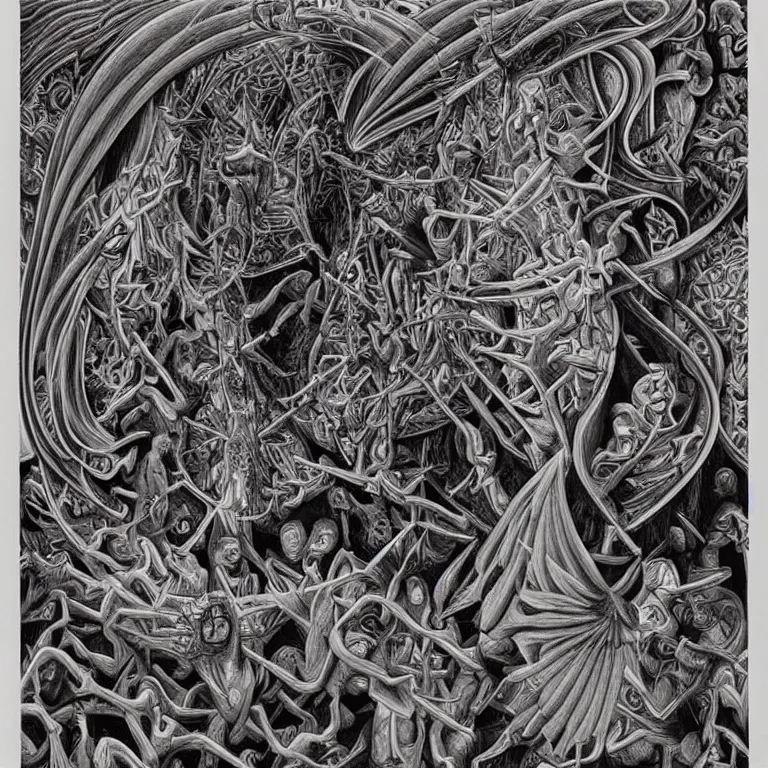 Image similar to meaning of death by Alex Grey and M. C. Escher collaboration