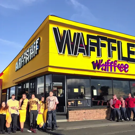 Image similar to wafflehouse employee's standing below wafflehouse sign