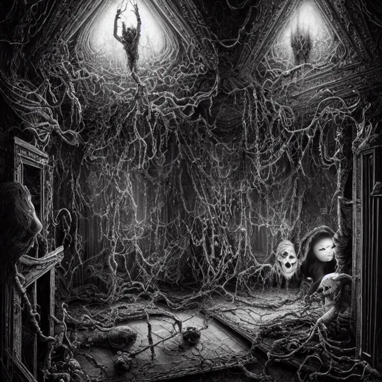 Image similar to New Year's Eve in a Haunted House, creepy, nightmare, dream-like heavy atmosphere, surreal , beautiful detailed intricate insanely detailed octane render trending on Artstation, 8K artistic photography, photorealistic, chiaroscuro, MC Escher, Basil Gogos, Gustave Dore, Beksinski, Rudolph Belarski, Laurie Lipton, Charles Addams