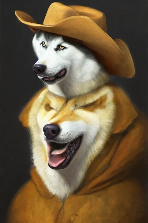 Prompt: a portrait painting of a husky wearing a cowboy hat, by rembrandt, humanoid, personify, anthropomorphic, trending on artstation