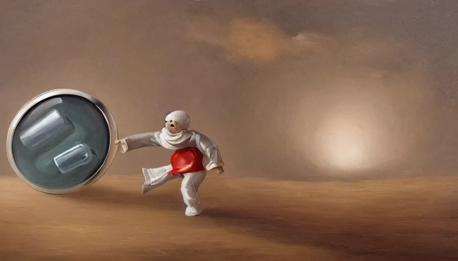 Prompt: an oil painting of an antibiotic pill running away from a pharmaceutical company representative, illustration