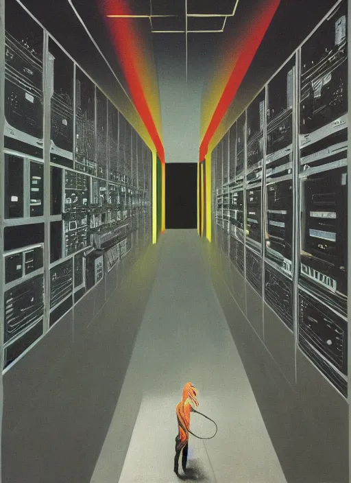 Prompt: a server room in the style of constructivism with pleasant halftones, a man is programming, blurred, grotesque, doomed, neural acrylic paint, high resolution, gouache on canvas, ultra detailed, vibrant colors, grotesque, wrapped thermal background, slimey, art by francis bacon, beksinski painting