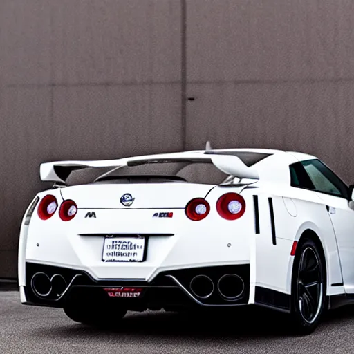 Prompt: 105mm photograph f1.8 full view white Nissan GT-R showroom beautiful lighting from 2022