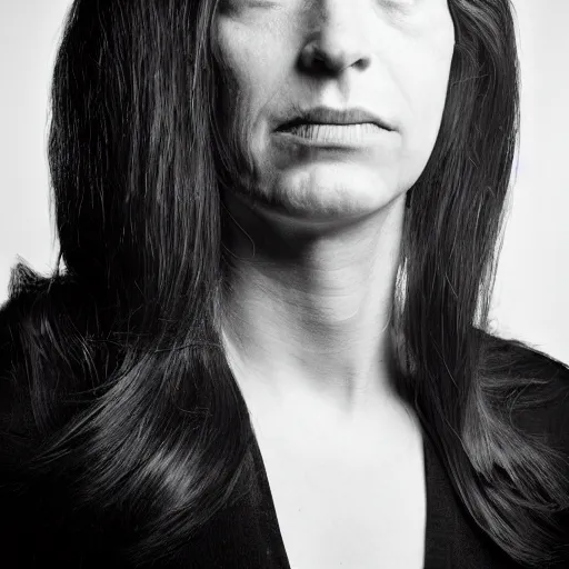 Prompt: Flipped 45° profile portrait of a typical person with waist-length incredible hair by Richard Avedon, gelatin silver finish, nd4, 85mm, perfect location lighting