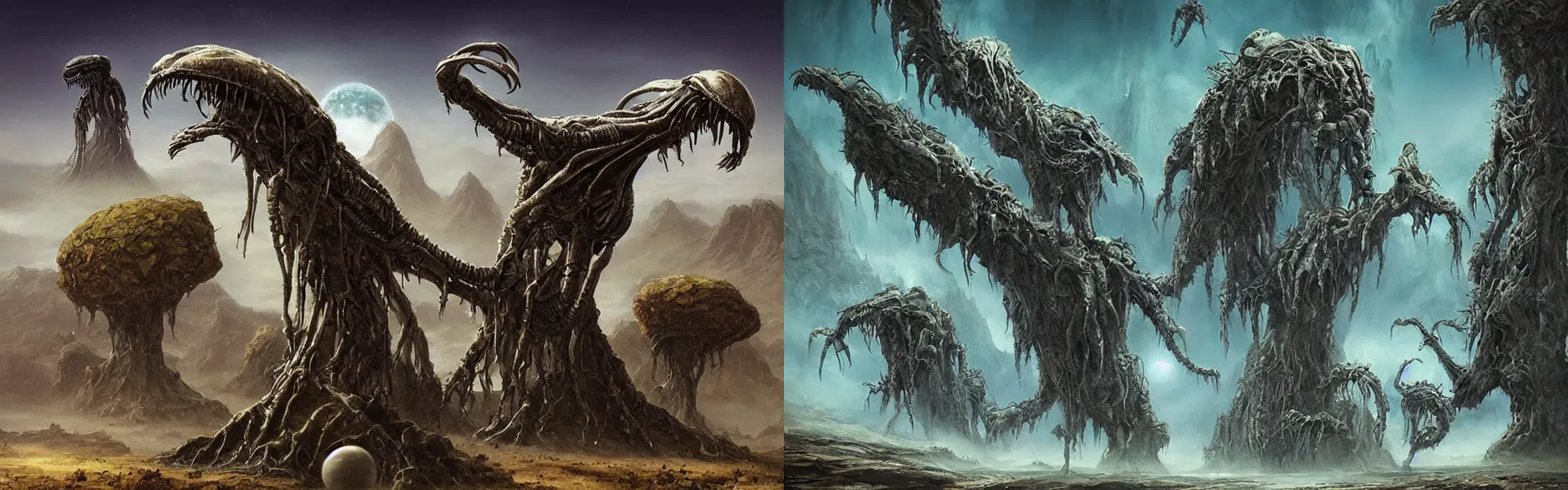 Prompt: “Creepy alien creatures on a beautiful planet terrain” they are happy and waving to us, matte painting, concept art, digital art Hyperdetailed, fantasy, dreamscape,Anne Stokes, H R Giger,